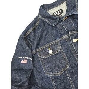 Polo Jeans Co. Ralph Lauren Trucker Jacket XL Spellout Flag Logo Denim Blue Jean